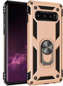 Galaxy S10 ile Uyumlu Yüzüklü Standlı Zırhlı Silikon Kılıf Gold - 1