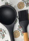 Silikon Mutfak Servis Seti - 3lü Kepçe Spatula Fırça Takımı - Bambu Saplı - 3 Parça - 2