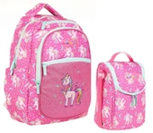 Kaukko İlkokul Sırt Çantası ve Beslenme Çantası Seti  - Simli Nakışlı Unicorn Pembe - Kız Çocuk - 1