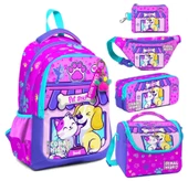 Coral High Kedi Köpek Desenli Kız Çocuk Beşli Okul Çanta Seti - İlkokul İçin Uygun thumbnail 1