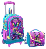 Coral High Pembe Turkuaz Kulaklık Paten Işıklı Tekerlekli Okul Çantası ve Beslenme Seti - Kız Çocuk thumbnail 1
