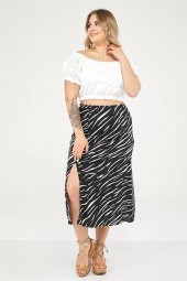 Zebra Desen Yırtmaçlı Etek-SİYAH - 2