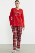 Nakış Detaylı Ekose Pijama Takım - Kırmızı thumbnail 4