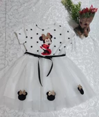 2-3-4 Yaş Puantiyeli Mickey Baskılı Kurdela Kuşaklı Astarlı Kız Bebek Tütü Elbisesi - 1