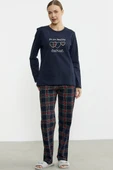 Nakış Detaylı Ekose Pijama Takım - Lacivert - 5