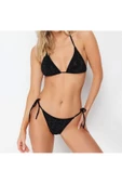 Yeni Baskılı Destekli Üçgen Normal Bel Brief Siyah Üçgen Taşlı Regular Bikini Takımı - 1