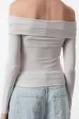Kadın Moda Şık Üst Giyim Uzun Carmen Yaka Regular Kalıp Örme Fitted Vücuda Oturan Esnek Bluz - 5