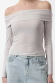 Kadın Moda Şık Üst Giyim Uzun Carmen Yaka Regular Kalıp Örme Fitted Vücuda Oturan Esnek Bluz - 3