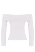 Kadın Moda Şık Üst Giyim Uzun Carmen Yaka Regular Kalıp Örme Fitted Vücuda Oturan Esnek Bluz - 6