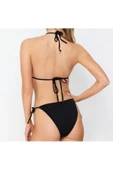 Yeni Baskılı Destekli Üçgen Normal Bel Brief Siyah Üçgen Taşlı Regular Bikini Takımı - 5