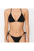 Yeni Baskılı Destekli Üçgen Normal Bel Brief Siyah Üçgen Taşlı Regular Bikini Takımı - 4