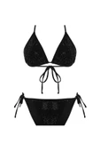Yeni Baskılı Destekli Üçgen Normal Bel Brief Siyah Üçgen Taşlı Regular Bikini Takımı - 6