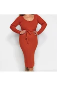 Yeni Fit Casual Günlük Fitilli Triko V Yaka Uzun Kol Bodycone Midi Boy Büyük Beden Elbise - 4
