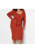 Yeni Fit Casual Günlük Fitilli Triko V Yaka Uzun Kol Bodycone Midi Boy Büyük Beden Elbise - 3