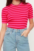 Kadın Moda Şık Üst Giyim Regular Bisiklet Yaka Regular Kalıp Triko Basic Çizgili Kazak - 2