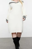 Yeni Rahat Casual Günlük Tek Plaka Triko Gömlek Yaka Uzun Kol Shift Mini Boy Büyük Beden Elbise - 3