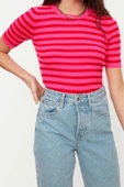 Kadın Moda Şık Üst Giyim Regular Bisiklet Yaka Regular Kalıp Triko Basic Çizgili Kazak - 3