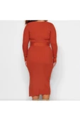Yeni Fit Casual Günlük Fitilli Triko V Yaka Uzun Kol Bodycone Midi Boy Büyük Beden Elbise - 6