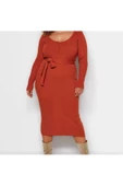 Yeni Fit Casual Günlük Fitilli Triko V Yaka Uzun Kol Bodycone Midi Boy Büyük Beden Elbise - 2