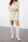 Yeni Oversize Casual Günlük Dolu İğne Triko V Yaka Uzun Kol Kazak Elbise Mini Boy Elbise - 2