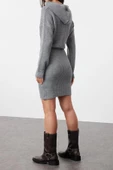 Yeni Regular Casual Günlük Dolu İğne Triko Kapüşonlu Uzun Kol Kazak Elbise Mini Boy Elbise - 5