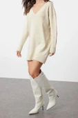 Yeni Oversize Casual Günlük Dolu İğne Triko V Yaka Uzun Kol Kazak Elbise Mini Boy Elbise - 3
