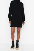 Yeni Oversize Casual Günlük Fitilli Triko Balıkçı Yaka Uzun Kol Kazak Elbise Mini Boy Elbise - 1
