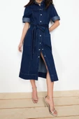 Yeni Regular Casual Günlük Rigid Denim Gömlek Yaka Uzun Kol Basic Maxi Boy Elbise - 4