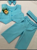 Erkek Çocuk Bebe Mavi Smokin, Erkek Çocuk Pantalon Yelek Papyon Kemer Set, Erkek Çocuk Mevlüt Takım - 1