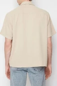 Erkek Moda Kısa Kol Dokuma Taş Oversize Fit Yazlık  Keten Görünümlü Gömlek - 4