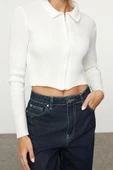 Kadın Moda Şık Crop Polo Yaka Slim Crop Fermuarlı Triko Hırka - 1