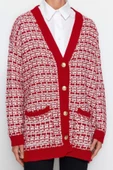 Kadın Moda Şık Midi V Yaka Oversize Geniş Kalıp Tüvit Görünümlü Simli Triko Hırka - 6