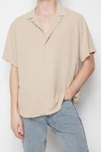 Erkek Moda Kısa Kol Dokuma Taş Oversize Fit Yazlık  Keten Görünümlü Gömlek - 3