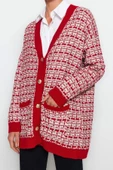 Kadın Moda Şık Midi V Yaka Oversize Geniş Kalıp Tüvit Görünümlü Simli Triko Hırka - 3