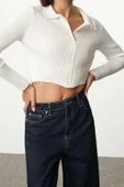 Kadın Moda Şık Crop Polo Yaka Slim Crop Fermuarlı Triko Hırka - 2