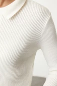 Kadın Moda Şık Crop Polo Yaka Slim Crop Fermuarlı Triko Hırka - 4
