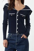 Kadın Moda Şık Regular Devrik Yaka Slim Renk Bloklu Devrik Yaka Triko Hırka - 3