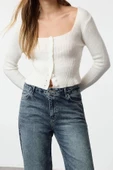 Kadın Moda Şık Crop Kare Yaka Regular Crop Kare Yaka Triko Hırka - 3