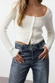 Kadın Moda Şık Crop Kare Yaka Regular Crop Kare Yaka Triko Hırka - 2