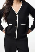 Kadın Moda Şık Regular V Yaka Oversize Renk Bloklu Geniş Kalıp Triko Hırka - 3