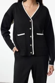 Kadın Moda Şık Regular V Yaka Oversize Renk Bloklu Geniş Kalıp Triko Hırka - 1