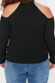 Kadın Büyük Beden Moda Şık Regular Choker Yaka Uzun Kol Düz Yaka Detaylı İnce Triko Kazak - 5