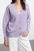 Kadın Moda Şık Regular V Yaka Oversize Geniş Kalıp Örgü Detaylı Geniş Kalıp Triko Hırka - 2
