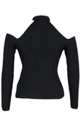 Kadın Büyük Beden Moda Şık Regular Choker Yaka Uzun Kol Düz Yaka Detaylı İnce Triko Kazak - 1