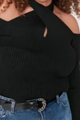 Kadın Büyük Beden Moda Şık Regular Choker Yaka Uzun Kol Düz Yaka Detaylı İnce Triko Kazak - 3