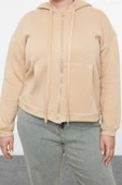 Kadın Büyük Beden Oversize Kapüşonlu Düşük Kol Regular İçi Polarlı Önü Fermuarlı Örme Sweatshirt - 1