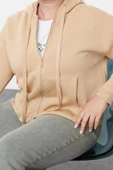 Kadın Büyük Beden Oversize Kapüşonlu Düşük Kol Regular İçi Polarlı Önü Fermuarlı Örme Sweatshirt - 3