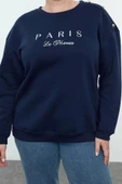 Kadın Büyük Beden Boyfriend Bisiklet Yaka Düşük Kol Düğme ve Nakışlı İçi Polar Örme Sweatshirt - 1