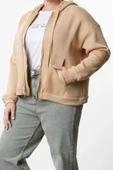 Kadın Büyük Beden Oversize Kapüşonlu Düşük Kol Regular İçi Polarlı Önü Fermuarlı Örme Sweatshirt - 2