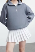 Kadın Moda Şık Oversize Fermuarlı Yaka Düşük Kol Standart Biye Detaylı Geniş Kalıp Örme Sweatshirt - 2